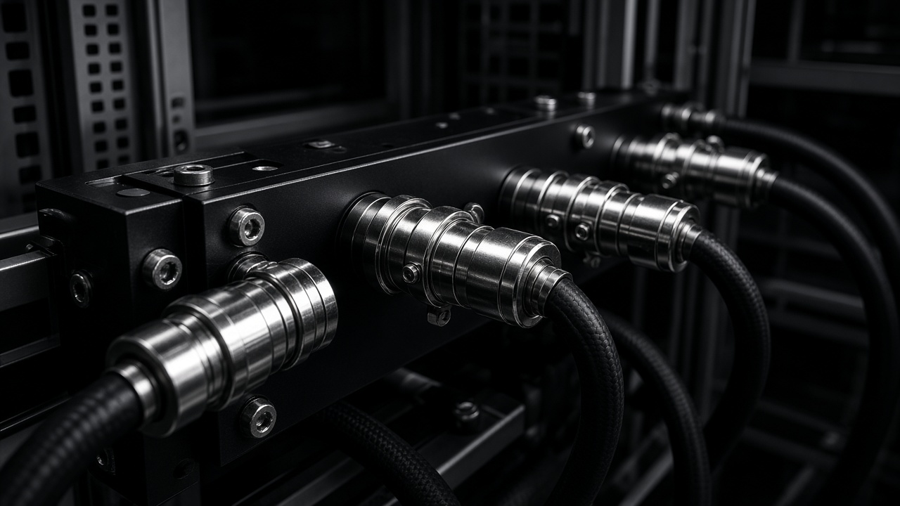 Steel quick-disconnect coolant fittings on a rack manifold