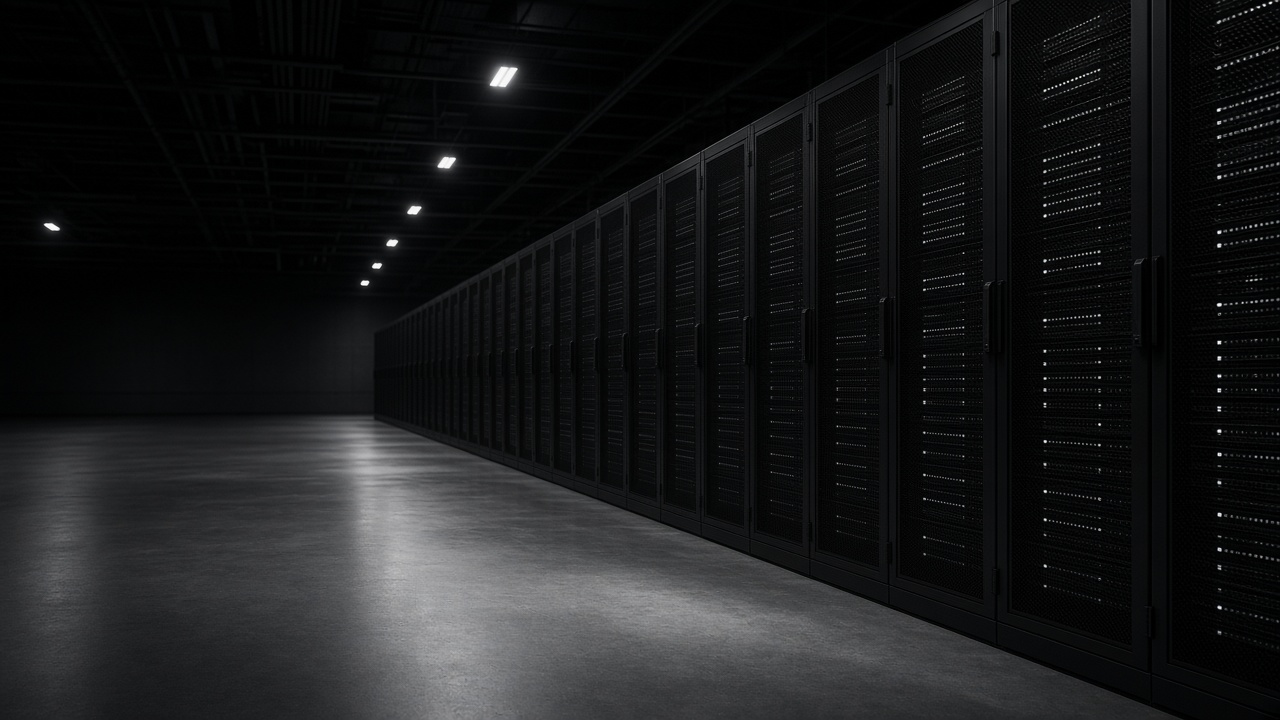 A dark, cold-lit data hall lined with server racks